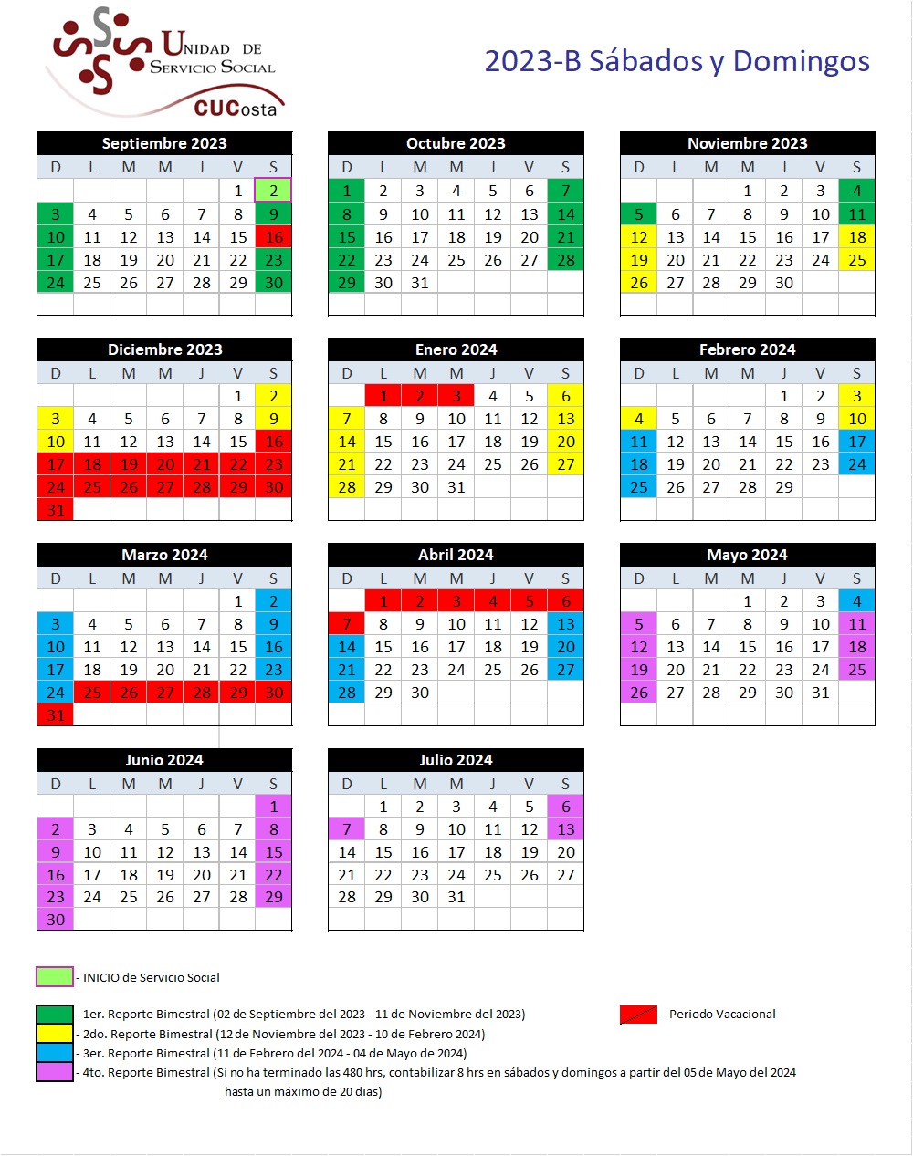 Calendario Sabados y Domingos 2023B