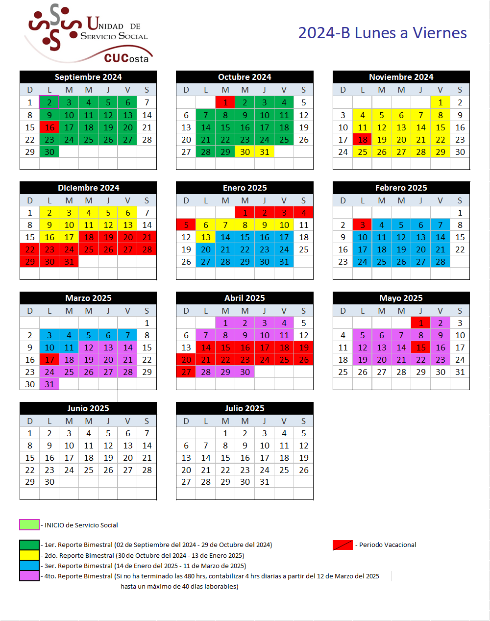 Calendario Lunes a Viernes 2024B