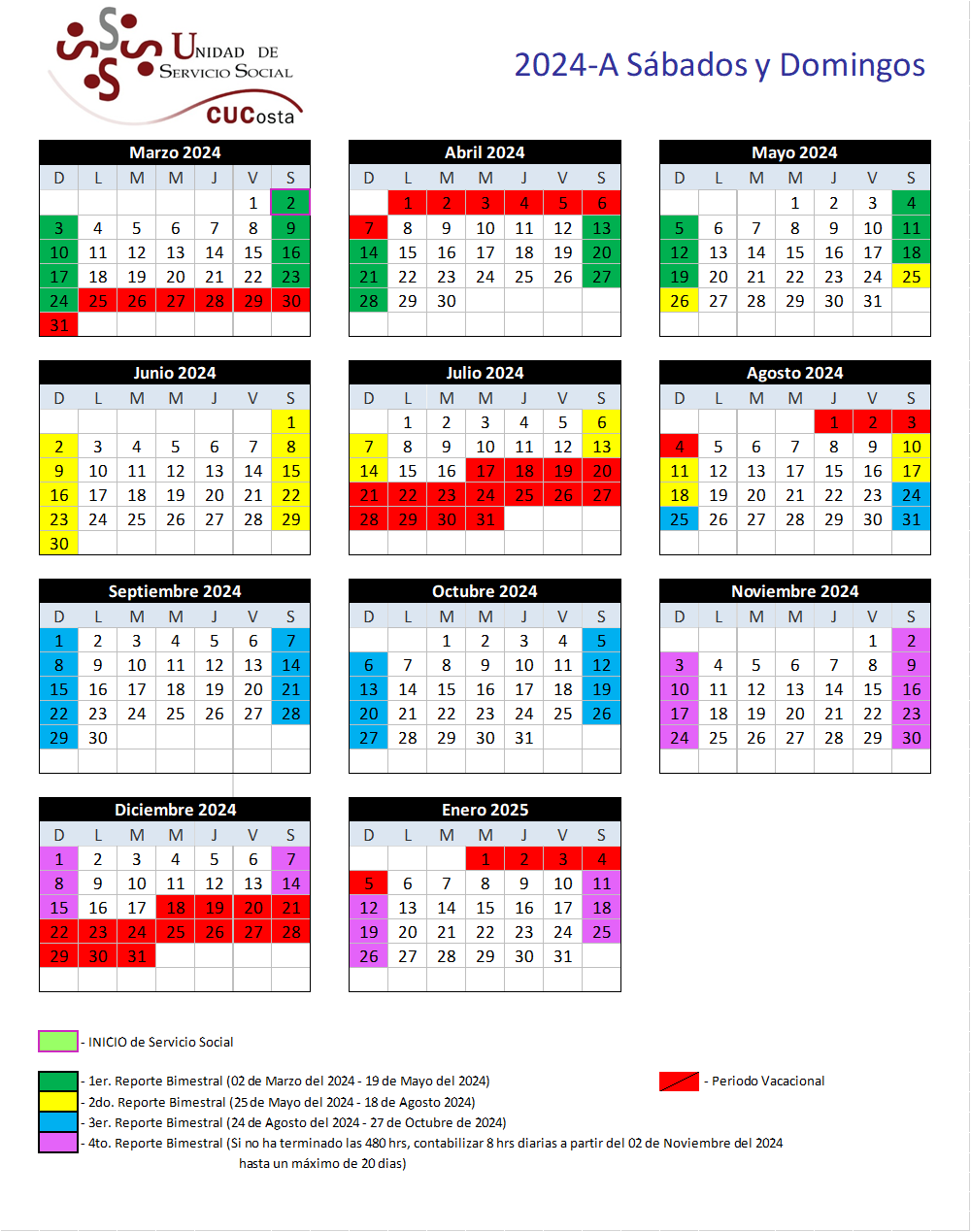 Calendario Sabados y Domingos 2024A